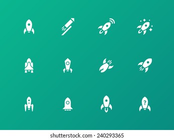 Rocket icons on green background. Vector illustration.