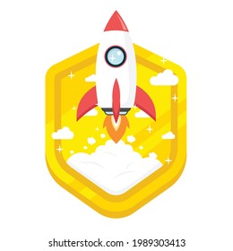 rocket icons on shield, badges with rocket, beautiful rocket landing. modern flat icon badge illustration concept.