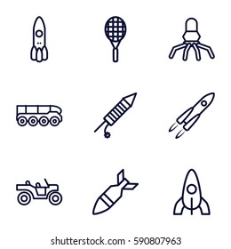 rocket icons set. Set of 9 rocket outline icons such as fireworks