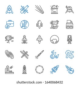 rocket icons set. Collection of rocket with asteroid, space shuttle, astronaut, meteorite, asteroids, rocket ship, space station, galaxy, pluto. Editable and scalable icons.