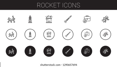 rocket icons set. Collection of rocket with mars rover, astronaut, observatory, rocket ship, portfolio, startup. Editable and scalable icons.