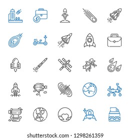 rocket icons set. Collection of rocket with portfolio, lander, pluto, startup, airship, mars rover, mars, black hole, zeppelin, meteorite. Editable and scalable rocket icons.