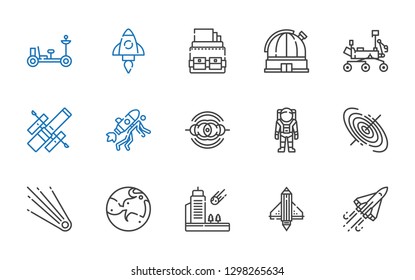 rocket icons set. Collection of rocket with space shuttle, startup, meteorite, mars, comet, black hole, astronaut, nebula, hubble space telescope. Editable and scalable rocket icons.