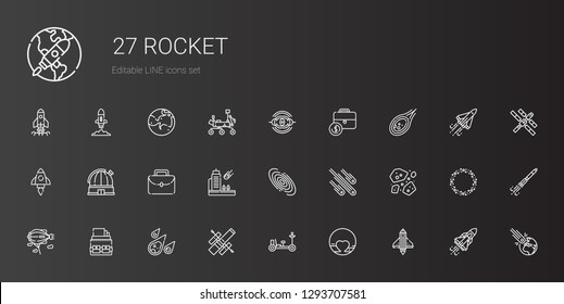 rocket icons set. Collection of rocket with startup, pluto, moon rover, hubble space telescope, meteorite, portfolio, zeppelin, asteroids. Editable and scalable rocket icons.