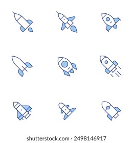 Raketensymbole eingestellt. Linienduotonstil, bearbeitbarer Strich. Rakete, Start, Start.
