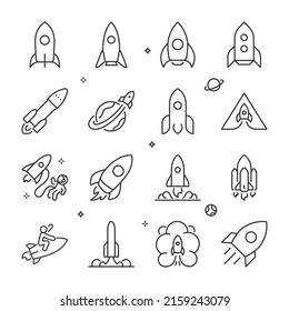 Rocket icons set. Rockets of different shapes. Spaceships , linear icon collection. Space Industry. Line with editable stroke