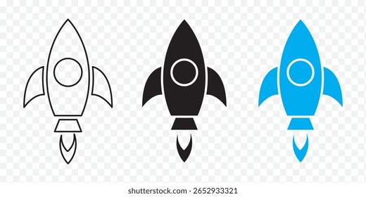 Raketensymbole eingestellt. Raketen unterschiedlicher Form. Raumschiffe , lineare Ikonensammlung. Raumfahrtindustrie. Linie mit bearbeitbarem Strich