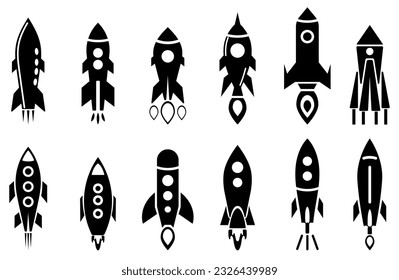 Rocket icons set. Space ship launch icon collection. Rocketship launch concept. Space rocket launch with fire. Rocket simple icon flat style - stock vector.