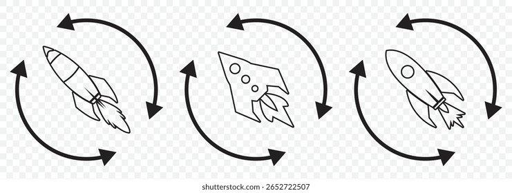 Rocket icons set. Space ship launch icon collection. Rocket ship launch concept. Space rocket launch with fire. Rocket simple icon flat style - stock vector in Editable Stroke. on Transparent BG.EPS10