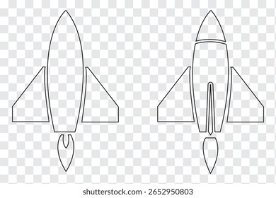 Conjunto de iconos de cohete. Colección de ícono de lanzamiento de nave espacial. Lanzamiento de cohete espacial con fuego. Ilustración vectorial de icono de cohete blanco y negro.