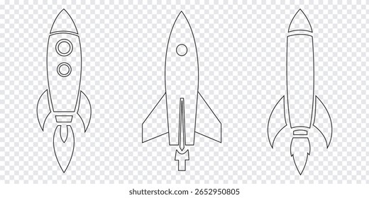 Conjunto de iconos de cohete. Colección de ícono de lanzamiento de nave espacial. Lanzamiento de cohete espacial con fuego. Ilustración vectorial de icono de cohete blanco y negro.