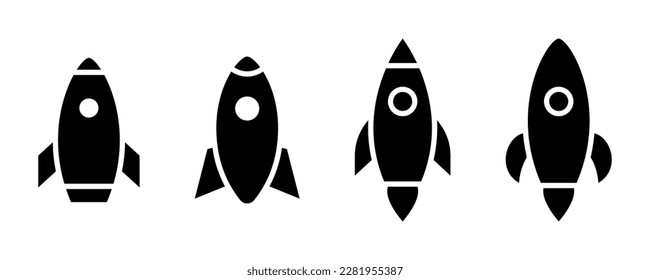 Rocket icons set. Spaceship symbol. Black rocket icon. Startup symbol. Spacecraft sign. Spaceship silhouette. Startup illustration. Shuttle icon in black. Stock vector