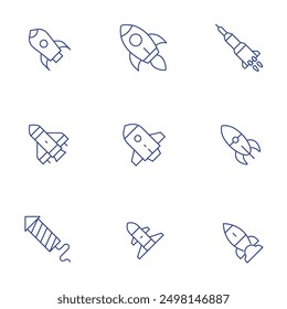 Rocket icons set. Thin Line style, editable stroke. rocket, boost, fireworks, spaceflight, spaceship, startup.