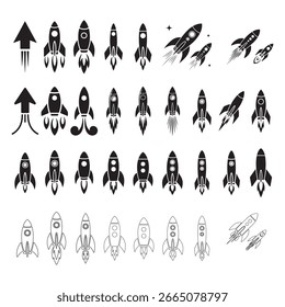 Rocket Icons Set. Vector Glyph and Outline Spaceship Symbols, Startup Launch and Growth Arrow, Black and White, Isolated on White Background
