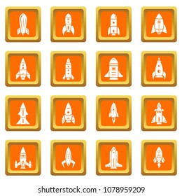 Rocket icons set vector orange square isolated on white background 