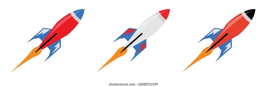 Rocket icons set. Set of rocket vector icons. Spaceship vector icon set. Spaceship launch icons. Rocket, spaceship, icons, vector, symbols.
