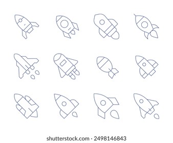 Iconos de cohete. Estilo de línea delgada, carrera editable. inicio, transbordador espacial, lanzamiento de cohete, cohete, bomba, nave espacial, nave espacial.