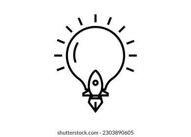 Ilustración del icono Idea de cohete. bombilla de luz con cohete. icono relacionado con la idea creativa, la innovación, la solución de inicio. Estilo de icono de línea. Diseño de vector simple editable
