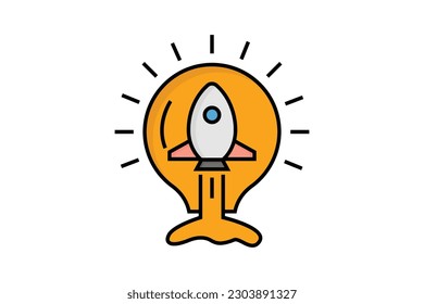 Ilustración del icono Idea de cohete. bombilla de luz con cohete. icono relacionado con la idea creativa, la innovación, la solución de inicio. Estilo de icono de línea plana. Diseño de vector simple editable