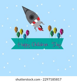 Rocket illustration background happy children day ballon.For banner abstrack background.
