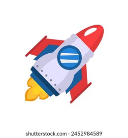 Rocket illustration with blue and red tail suitable for childrens book covers, educational websites, and space themed designs