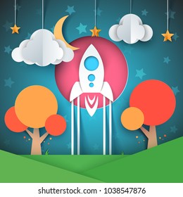 Rocket illustration. Cartoon paper landscape. Vector eps 10