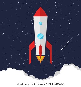 Rocket illustration with cartoon style and flat color launch to the moon. Background, portrait.