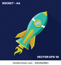 Rocket illustration, flat design rocket with yellow and green color of shapes suitable for children's themes.