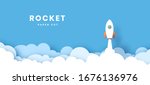 rocket illustration flying over cloud. beautiful scenery with white clouds. paper cut. startup concept vector