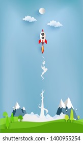 rocket illustration flying over cloud. beautiful scenery with green hills