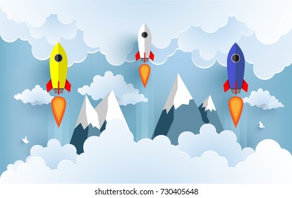 rocket illustration flying over cloud. beautiful scenery with white clouds
