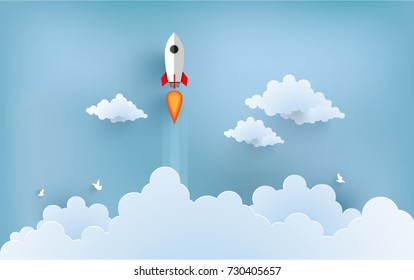 rocket illustration flying over cloud. beautiful scenery with white clouds