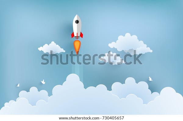 雲の上を飛ぶロケットイラスト 白い雲を持つ美しい景色 のベクター画像素材 ロイヤリティフリー
