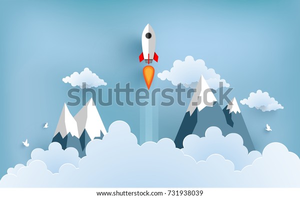 雲の上を飛ぶロケットイラスト 紙芸と手芸をデザインする のベクター画像素材 ロイヤリティフリー