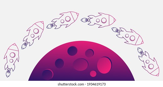 Raketengrafik, die über den Mond oder den Planeten fliegt