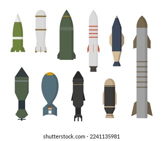 La ilustración de cohetes establece el fondo blanco aislado. Estilo gráfico plano y simple del vector