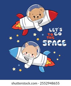 Rocket illustration with Teddy Bear and Cat, kids t shirt design vector Hand Drawn