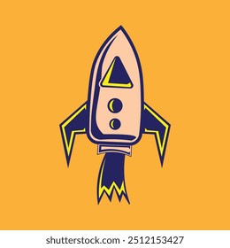 Diseño del Vector de la ilustración del cohete con el estilo colorido, simple y el fondo anaranjado. conveniente para los logotipos, los iconos, los carteles, los anuncios, los Anuncios, las empresas, los diseños de la camiseta, las pegatinas, los Sitios web.