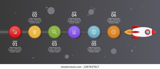 Rocket Infographics design template and icons with 6 options or 6 steps. use as workflow process diagram, business data  presentation, timeline layout, milestone, banner, brochure, flow chart