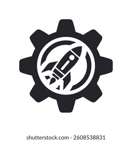 Rocket Inside Gear Icon Representing Startup Innovation, Engineering, and Tech Development