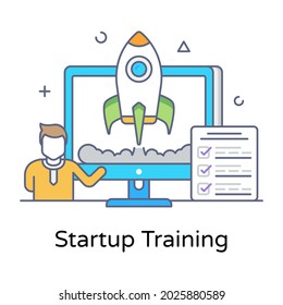 Rocket inside monitor, startup training flat line concept icon
