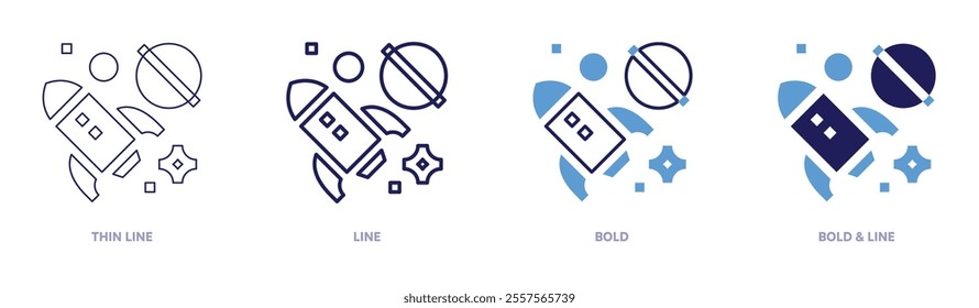 Rocket interactivity icon in 4 different styles. Thin Line, Line, Bold, and Bold Line. Duotone style. Editable stroke.