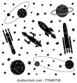 A rocket in interstellar space. Planets and satellites, rockets flying into space. Vector illustration. Template on the theme of space