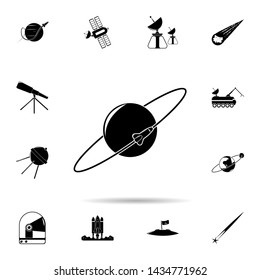 Rocket into the circle of the earth icon. Universal set of space for website design and development, app development