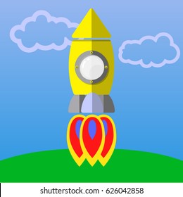 Rocket into space. Rocket in cartoon style.