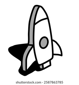 Rocket with isometric icon. Sign and symbol. Vector line art, clip art, minimalist simple outline. Hand drawing technology illustration. Sticker print design
