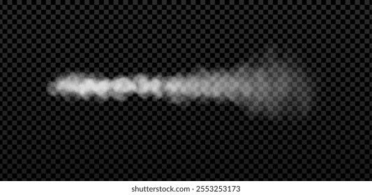 Rocket or jet aircraft smoke horizontal trail. Realistic vector white fume airplane launch trace. Fog flow, clouds steam isolated on transparent background. Gas mist line. Missile or bullet trace