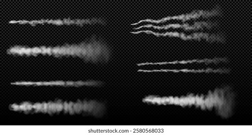 Rocket or jet aircraft smoke horizontal trails vector set. Realistic white fume airplane launch trace. Fog steam, clouds flow isolated on transparent background. Gas lines. Different traces mist