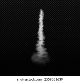 Rocket or jet aircraft smoke trail with clouds steam. Realistic vector white fume space rocket launch trace. Fog flow isolated on transparent background. Gas exhaust, vertical vapor spray