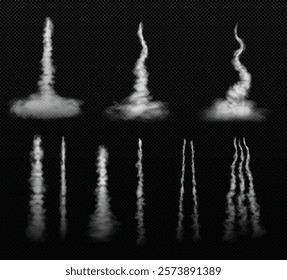 Rocket or jet aircraft smoke vertical trails vector set. Realistic white fume airplane launch trace. Fog steam, clouds flow isolated on transparent background. Gas lines. Different traces mist